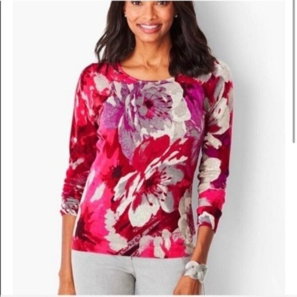 Talbots Merino Wool Pullover Floral Sweater Pink Purple